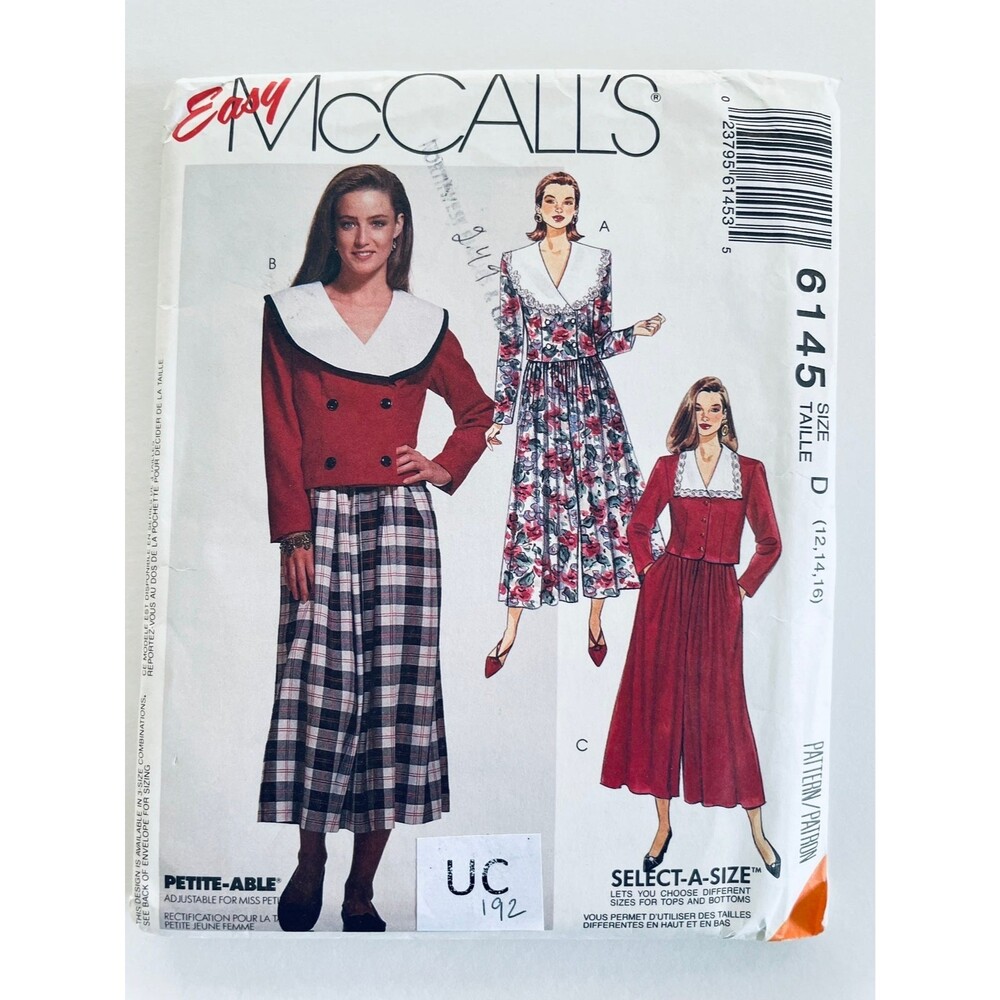 Vtg 90s Big Collar 2 Piece Dress Coulottes Sewing Pattern McCalls 6145 Sz 12-16